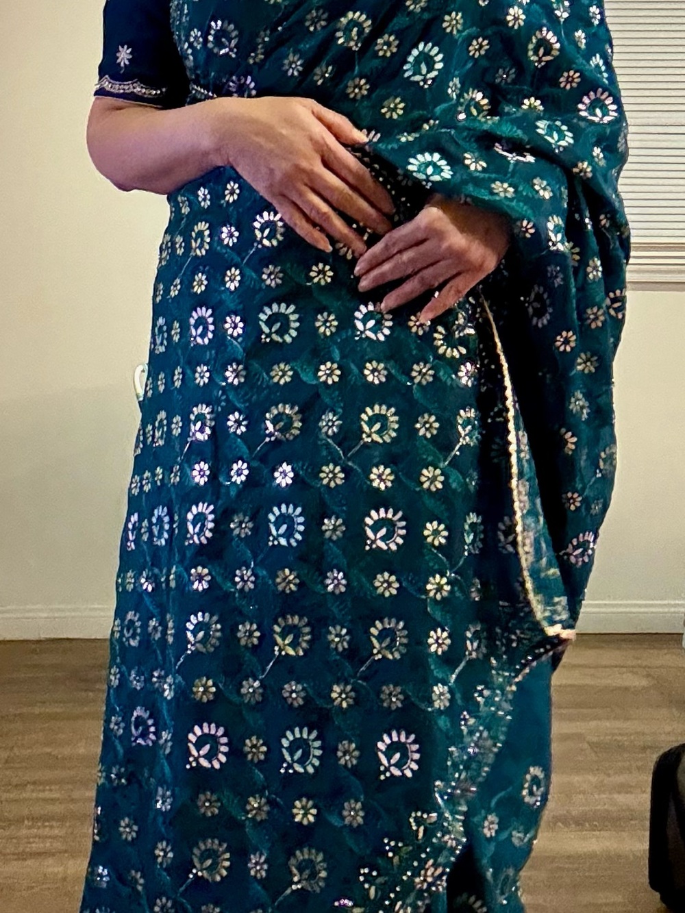 Teal Embellished Indian Bollywood Saree with Mirror Work